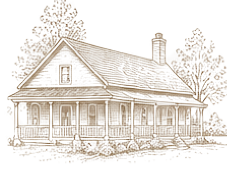 Line drawing of Hazel's farmhouse with a wraparound porch