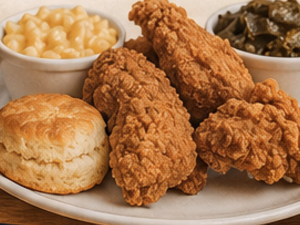 Fried chicken plate with a biscuit, mac and cheese, and collard greens